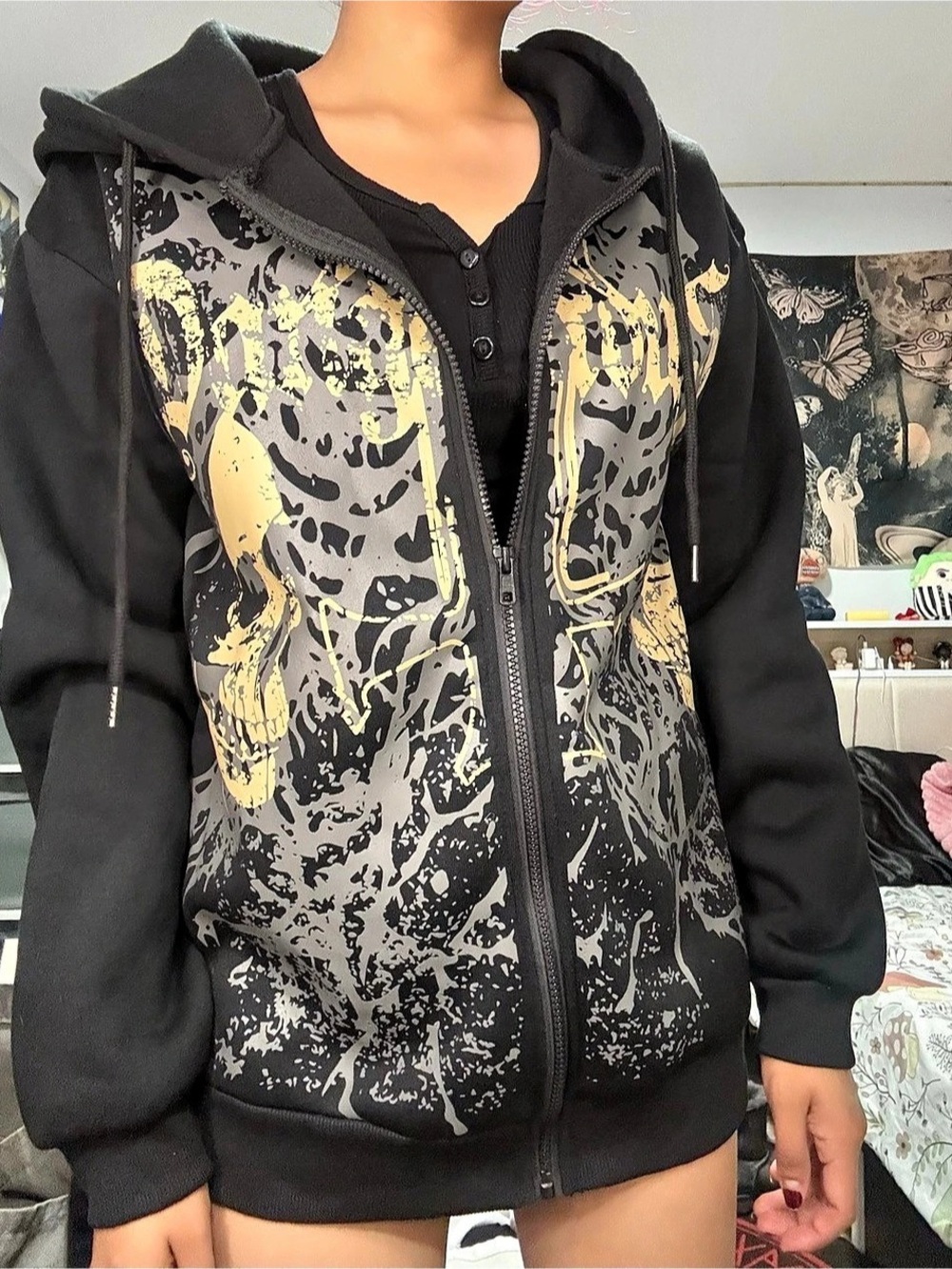 Black Graphic Zip-Up Hoodie